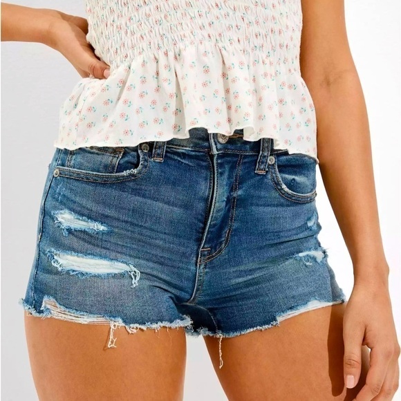AE Next Level Stretch Curvy High Rise Shortie Distressed Denim Shorts - Picture 10 of 10